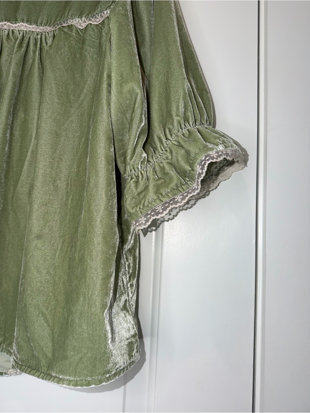 Free People Sage Green Velvet Blouse with Lace Trim - Picture 4 of 16